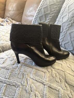 Coach Black Leather Stiletto Ankle Boots, Monogram Cuff, Women's Size 8.5